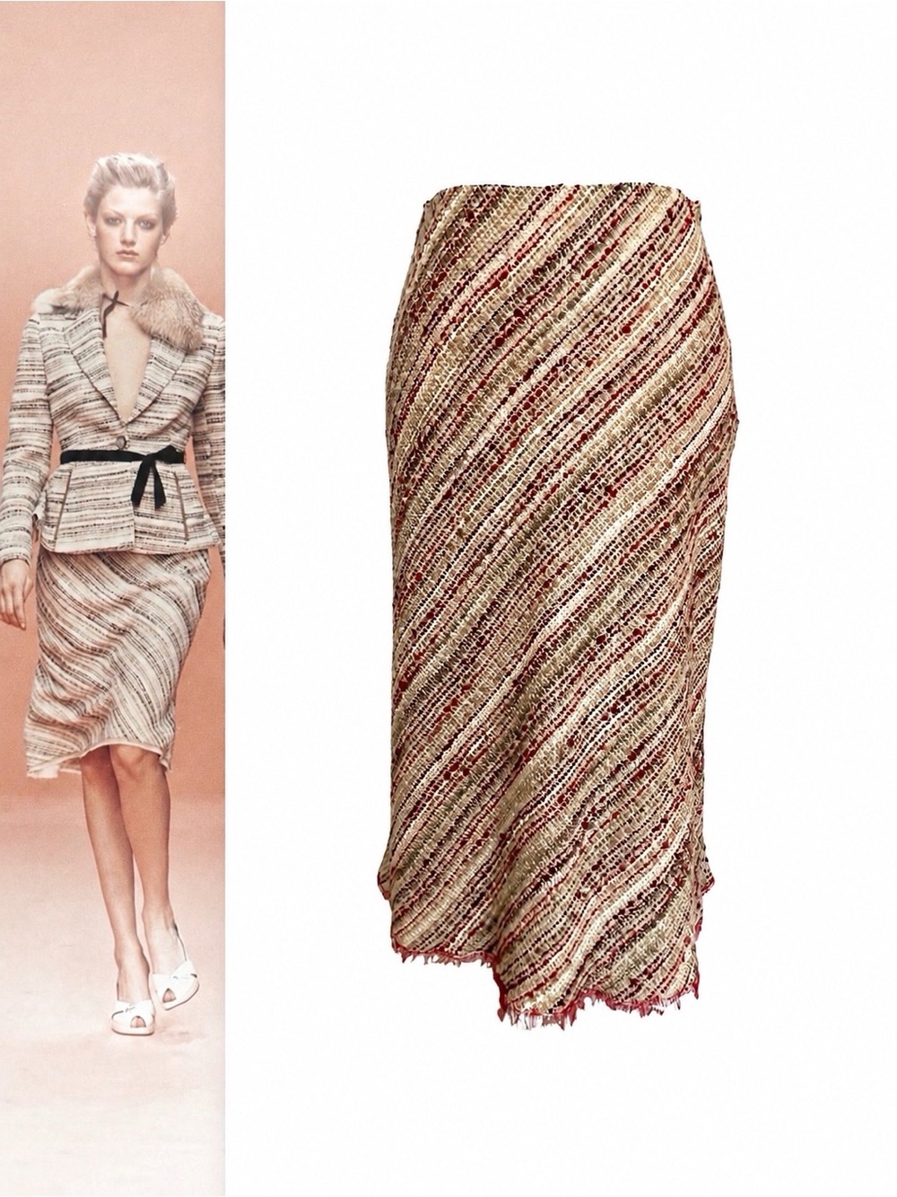 Vintage Prada FW00 90s Y2K Wool Tweed Midi Pencil Skirt Beige Cream Red 40 XS S